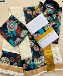 Men's Nature Print Shirt with Kerala Dhoti & Saree Set – Festive Combo