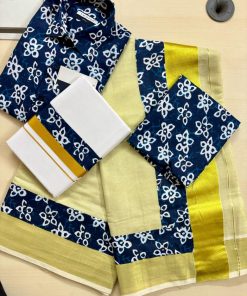 Navy Floral Shirt & Dhoti with Saree – Kerala Tradition