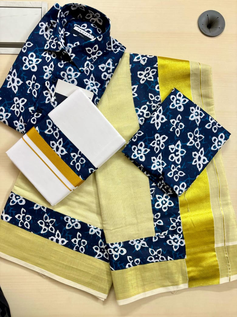Navy Floral Shirt & Dhoti with Saree – Kerala Tradition