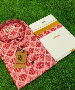 Men’s Red Ikat Dhoti Kurtha Set – South Indian Festive Wear