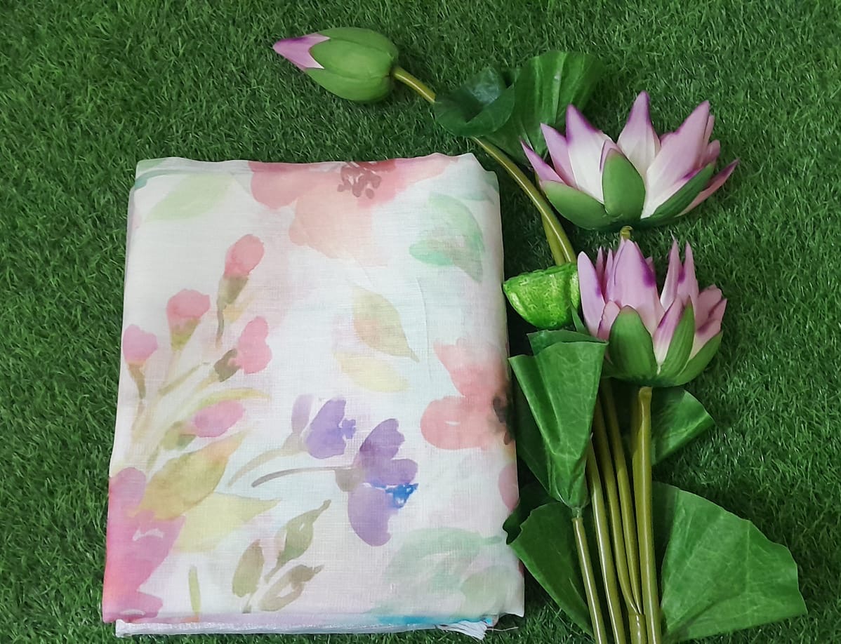 Onam Collection Floral Design Linen Fabric Saree